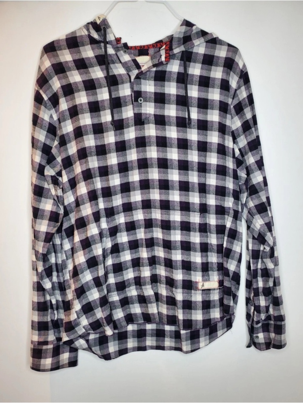 Altamont Plaid Hooded Henley Button Down Shirt Purple Blk Wht XL Andrew Reynolds